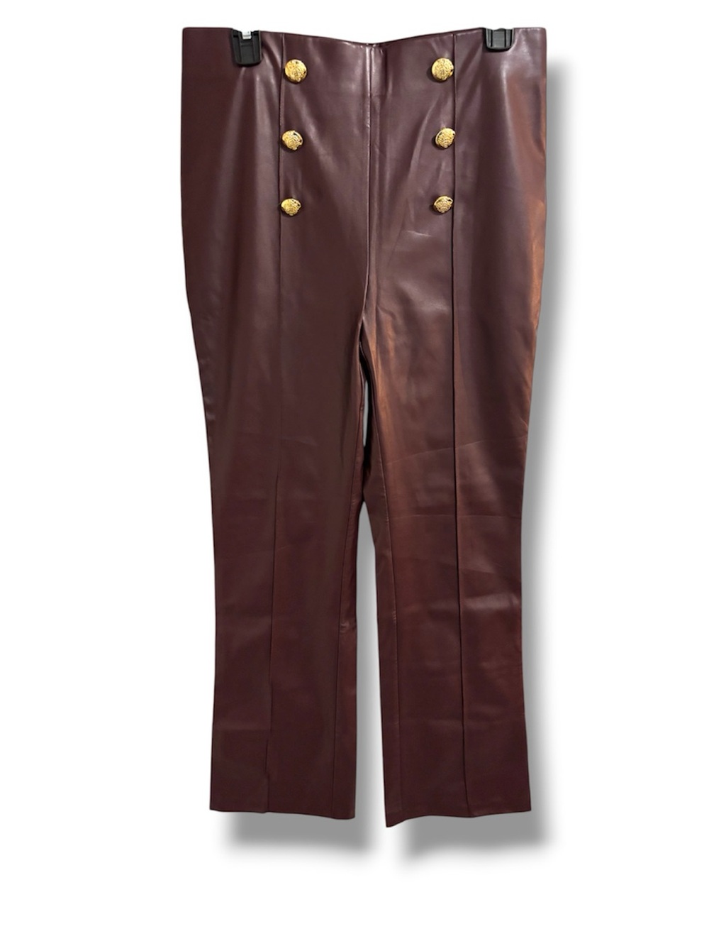 High-Waist Faux Leather Sailor Pants with Gold Buttons - Deep Burgundy